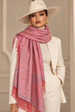 100% Pashmina Oversized Paisley Jacquard Shawl Scarf Pink Gray Fringe 80x29 Inch